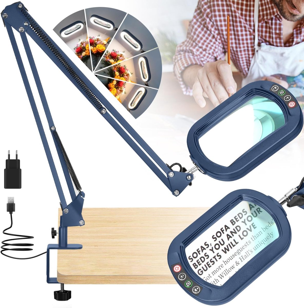 SnelShoppen - Grote Handsfree Vergrootglas met Licht en Klem, 10x Vergroting, 5 Kleurmodi, LED Magnifying Lamp, 40.6 cm Swivel Arm, Ideaal voor Lezen,