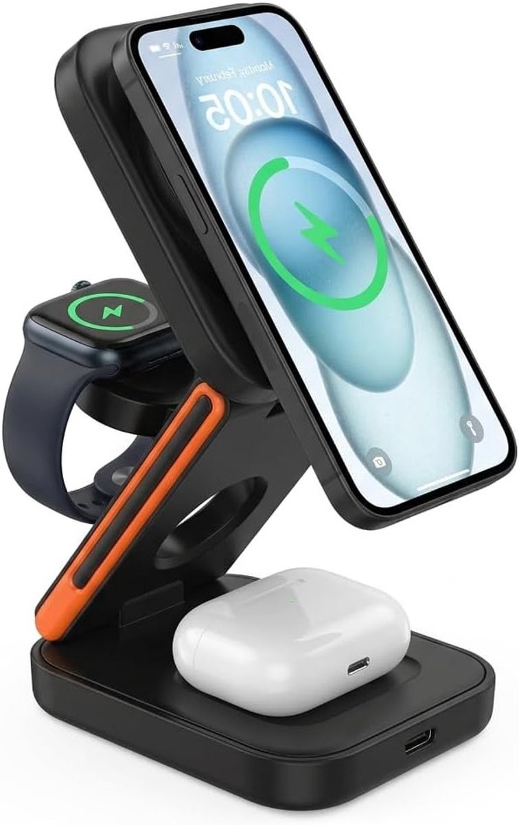 Draagbaar 3-in-1 Draadloos Oplaadstation met 15W Magnetische Laadfunctie voor iPhone, Apple Watch en AirPods