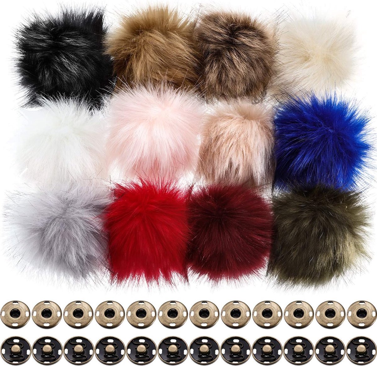SnelShoppen - 12 Stuks Faux Fur Fluffy Pompoms - Pluizige Pompomballen met Drukknop - Ideaal voor Gebreide Hoeden, Kledingaccessoires, Diverse Kleuren