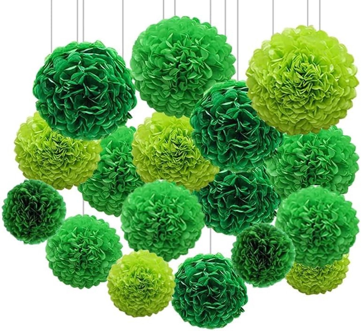 SnelShoppen - Set van 12 Pompoms Groen Wit - Tissue Paper Flowers voor Bruiloft, Verjaardag, Baby Shower - Sage Green, Eucalyptus, Hangdecoratie - 3 M