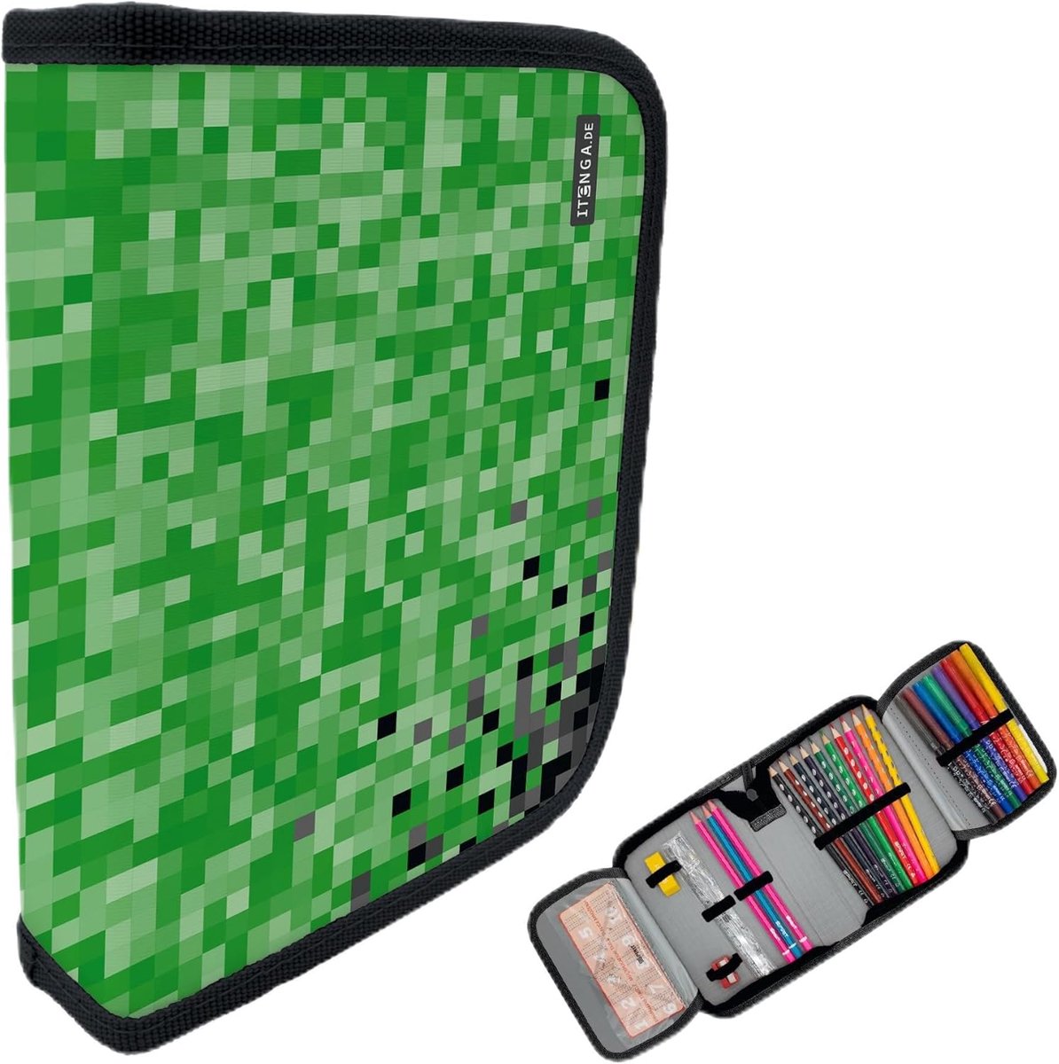 SnelShoppen - itenga Pennenetui voor jongens, 28-delig gevuld schooletui met pennen, liniaal, gum, viltstiften en accessoires, coole pixels motief, id