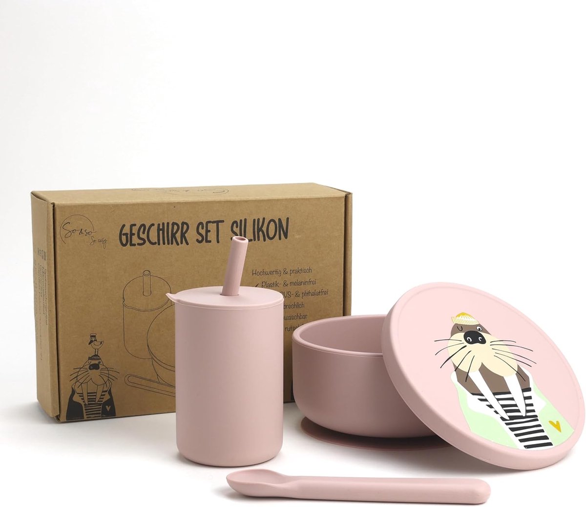 SnelShoppen - Silicone Set voor Kinderen, Kindertafelware, Kom met Antislip Zuigcup, Deksel en Lepel, Drinkbeker met Deksel en Rietje (Eenhoorn Roze m
