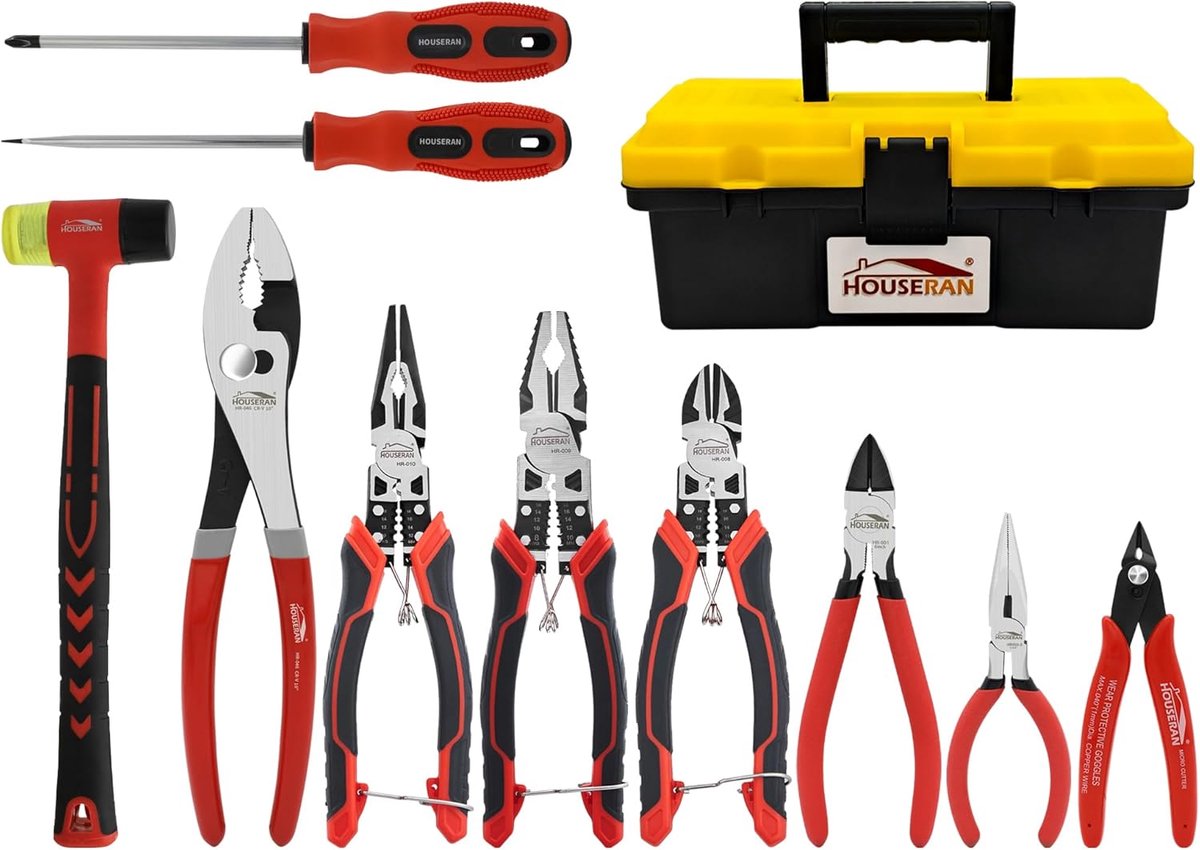SnelShoppen - 10-delige Professionele Gereedschapsset, Zware CRV Sliding Tangen Set, Multifunctionele Draadknippers, Rubber Hamer, Gereedschapskoffer