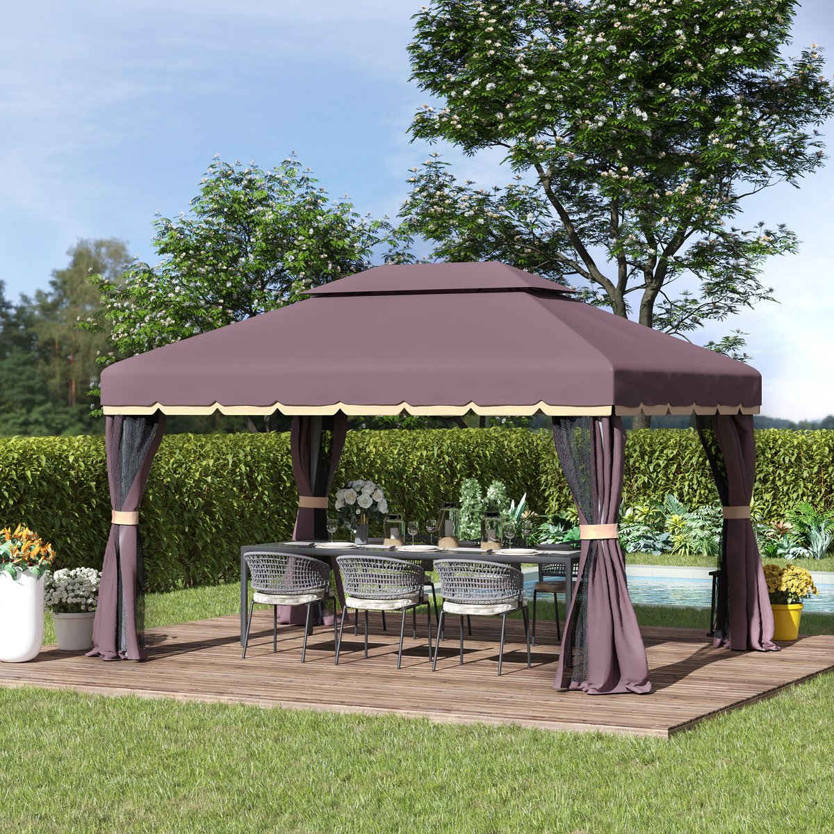 FloraGrace Partytent – 390 x 290 x 280 cm – Paviljoen Met 4 Zijpanelen – Aluminium En Polycarbonaat – Coffee – Tuin En Terras
