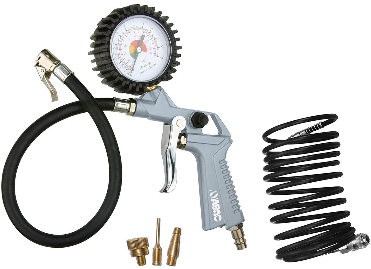 SnelShoppen - 5-delige Compressed Air Filling Set voor Compressor - Inclusief Bandenpomp met Manometer, Persluchtpistool, 5 m Spiraalslang, 3 Ventiela