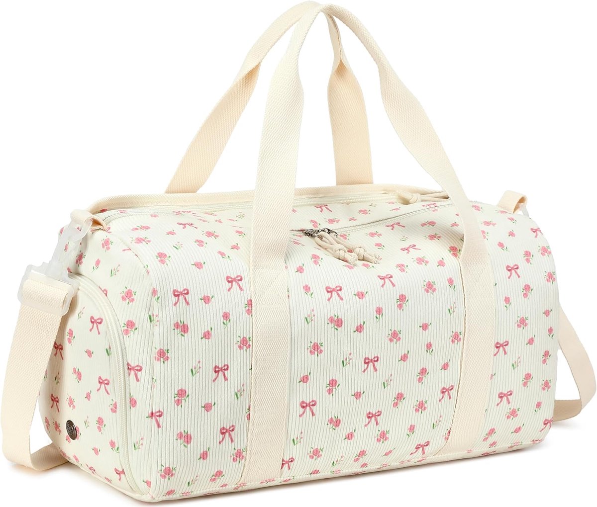 SnelShoppen - Sporttas voor Kinderen - Zwemtas Jongens en Meisjes met Schoen- en Natvak - Fitness Bag 45x22x23 cm - Beige met Bloemenpatroon