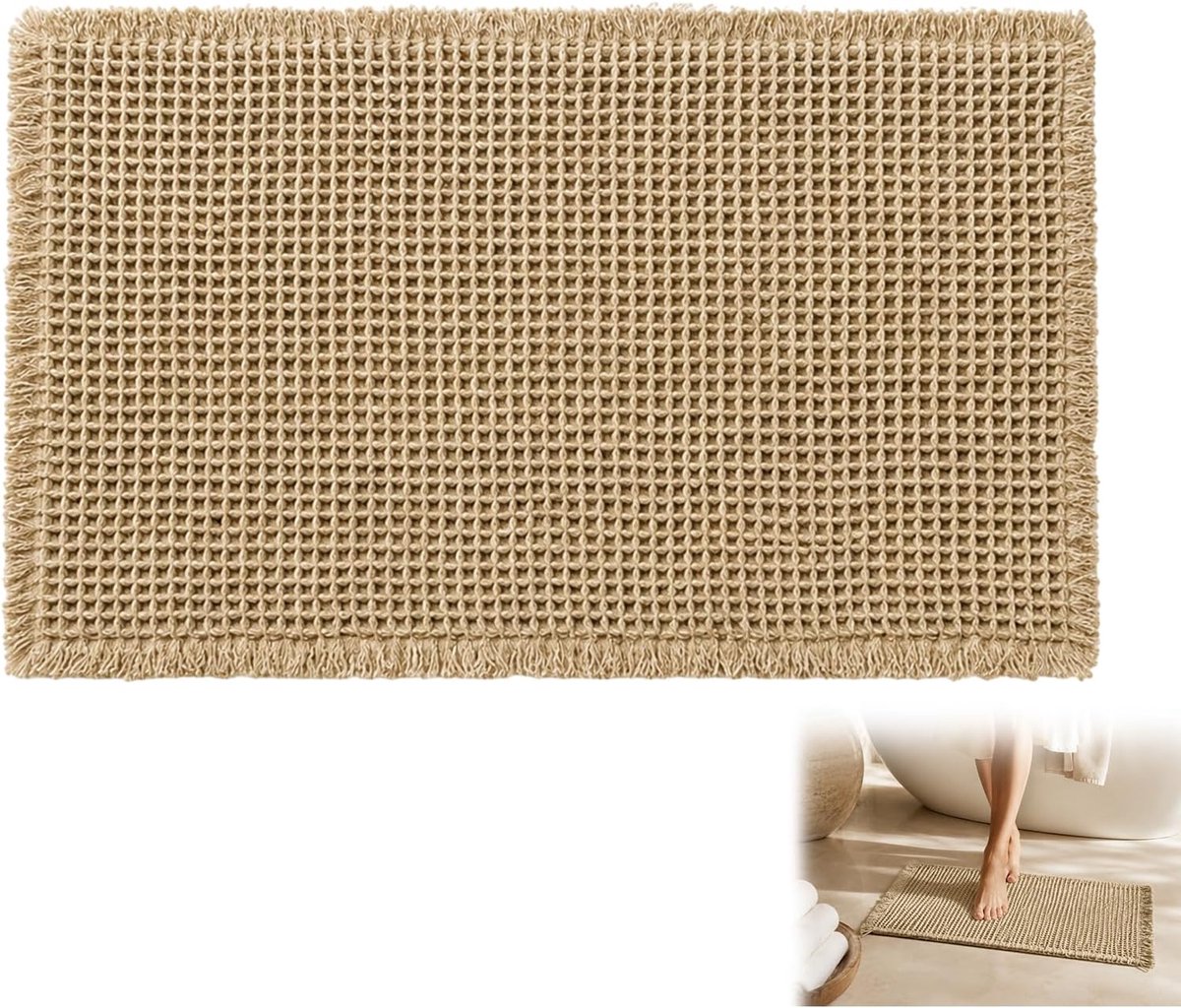 SnelShoppen - Badmat Antislip Wasbaar - Sterk Absorberend Katoen met Wafelstructuur en Franjes - Sneldrogend Beige voor Douche, Badkuip en Wastafel -