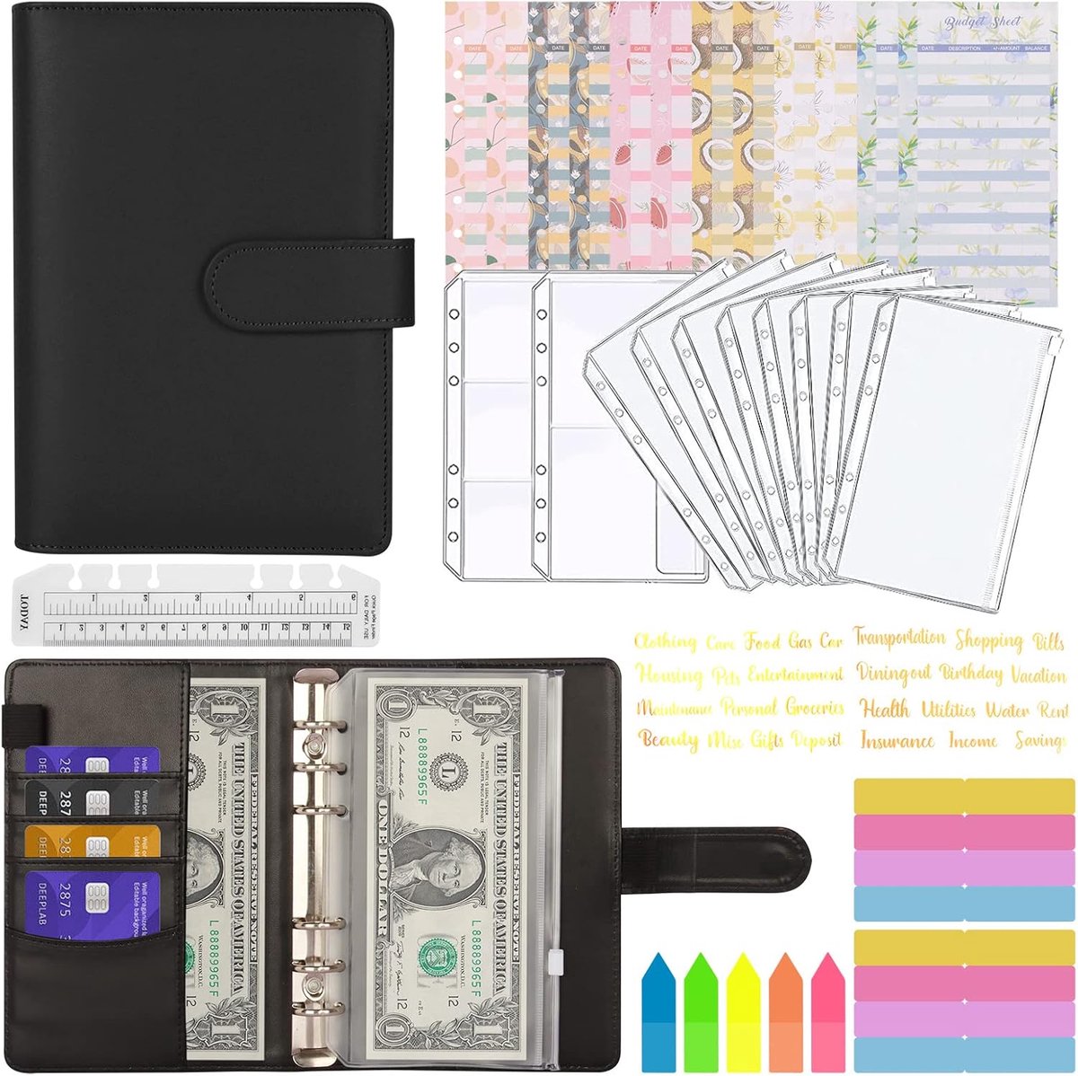 SnelShoppen - A6 Budget Binder Planner - 29-delige Geld Organisator met 6-Hole Loose Leaf Notitieboek, Budgetbladen, Kleurrijke Indexlabels, Sticks en