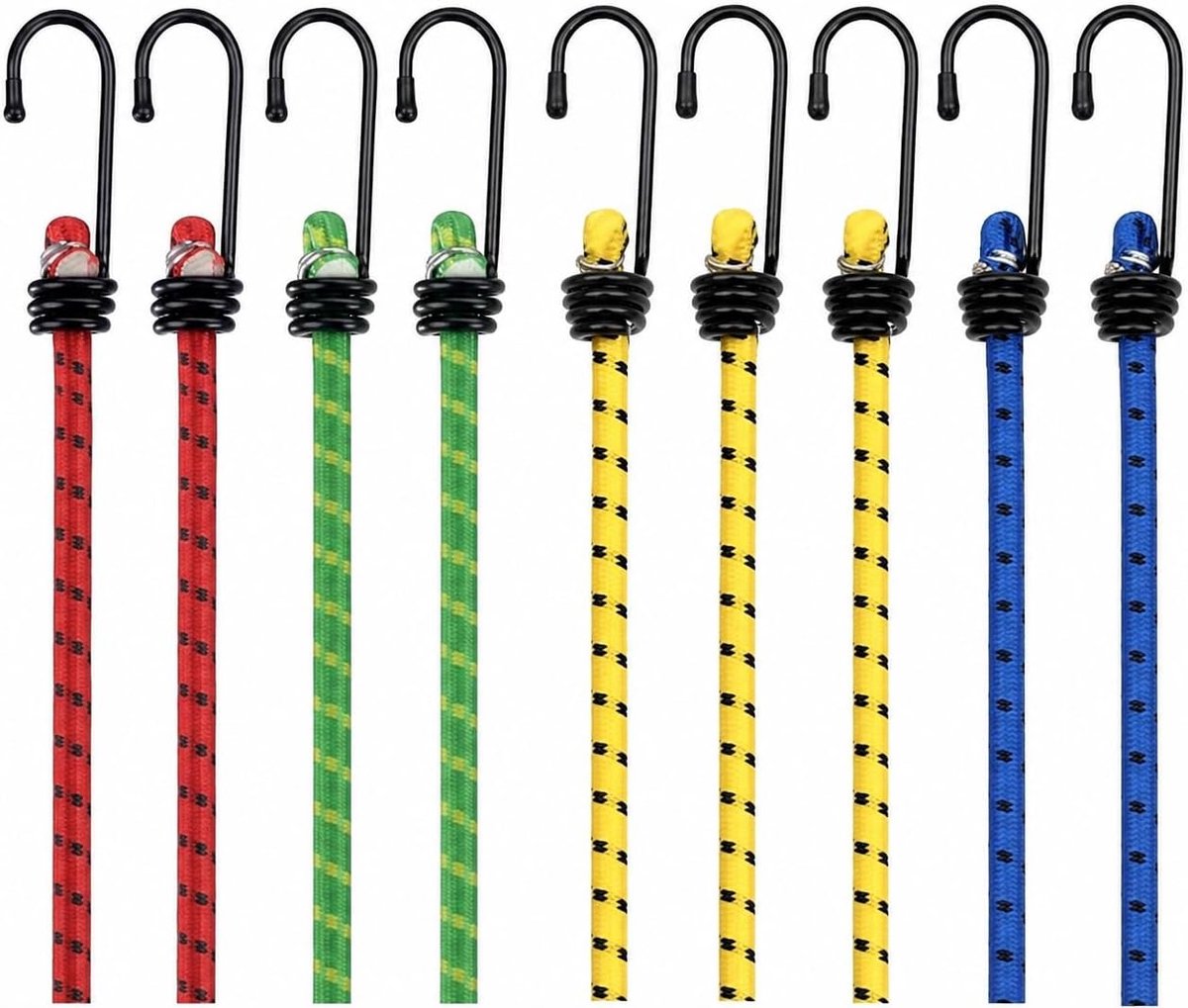 SnelShoppen - 10x Expander met Haak en Bagagetensioners, Tension Rubbers & Rubber Ropes, Diverse Lengtes, Extra Sterke Haak, Auto Accessoires voor Cam