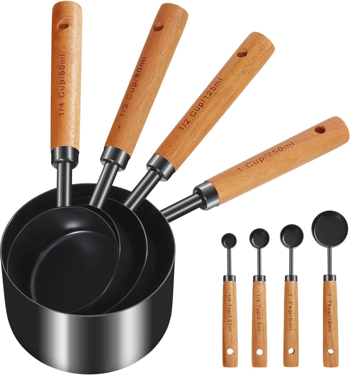 SnelShoppen - 8-delige Maatbeker en Maatlepel Set met Houten Handvat, Roestvrijstalen Zwart, Meten voor Koken, Bakken en Dranken, Inclusief Mililiters