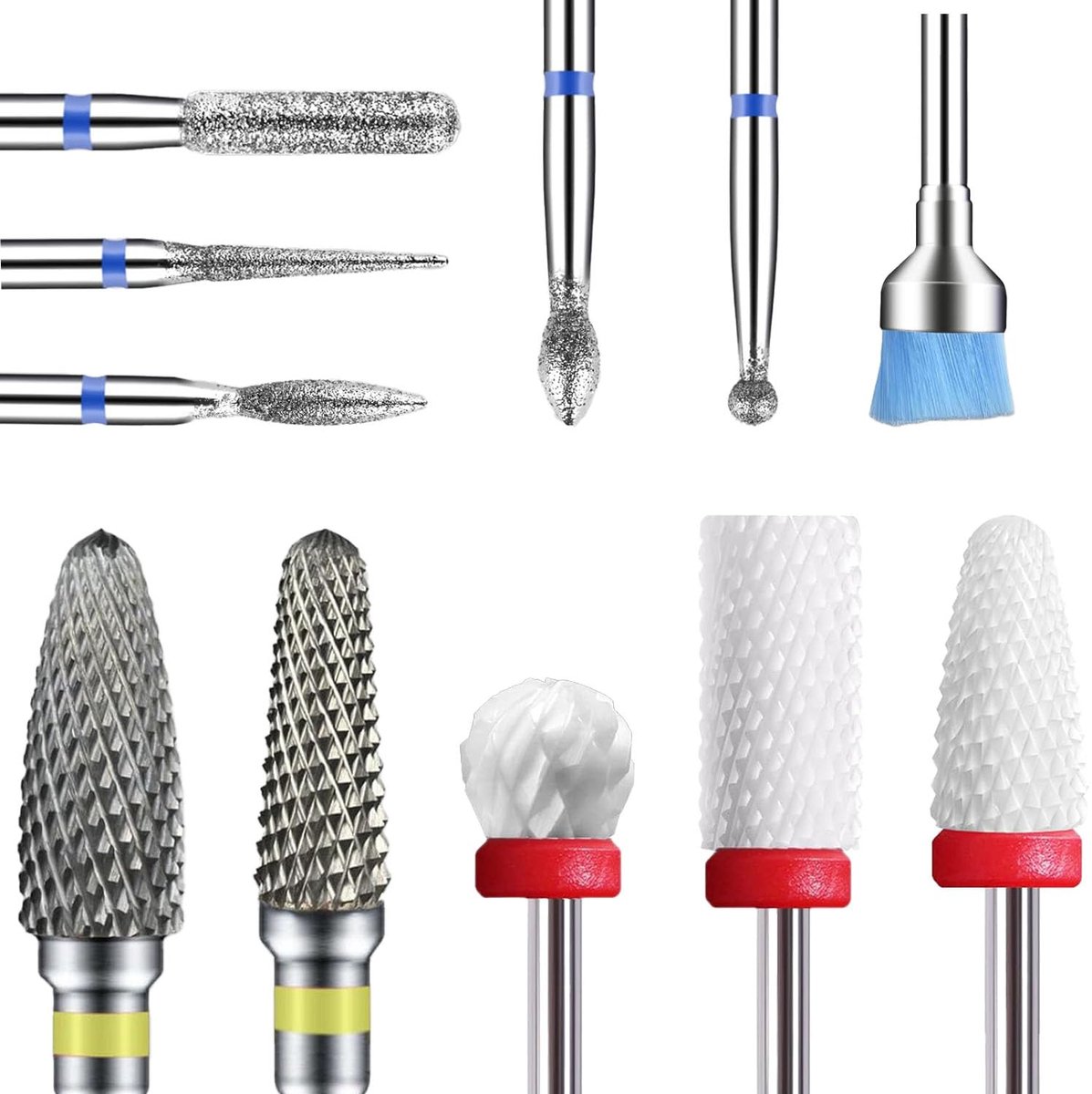 SnelShoppen - 11-delige set nagelfrees bits, nagelboor bits, 2 tungsten carbide bits, 3 keramische nagelvijlen, 5 diamant bits, 3/32 inch voor gel nag