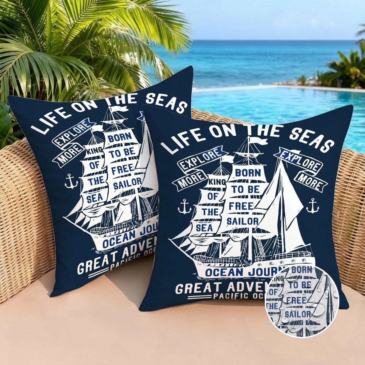 Thijox - Set van 2 Weerbestendige Kussenhoezen 50x50 cm Blauw Maritiem Zeilboot Thema Waterdicht Linnen Decoratief voor Tuin, Bank en Buitengebruik