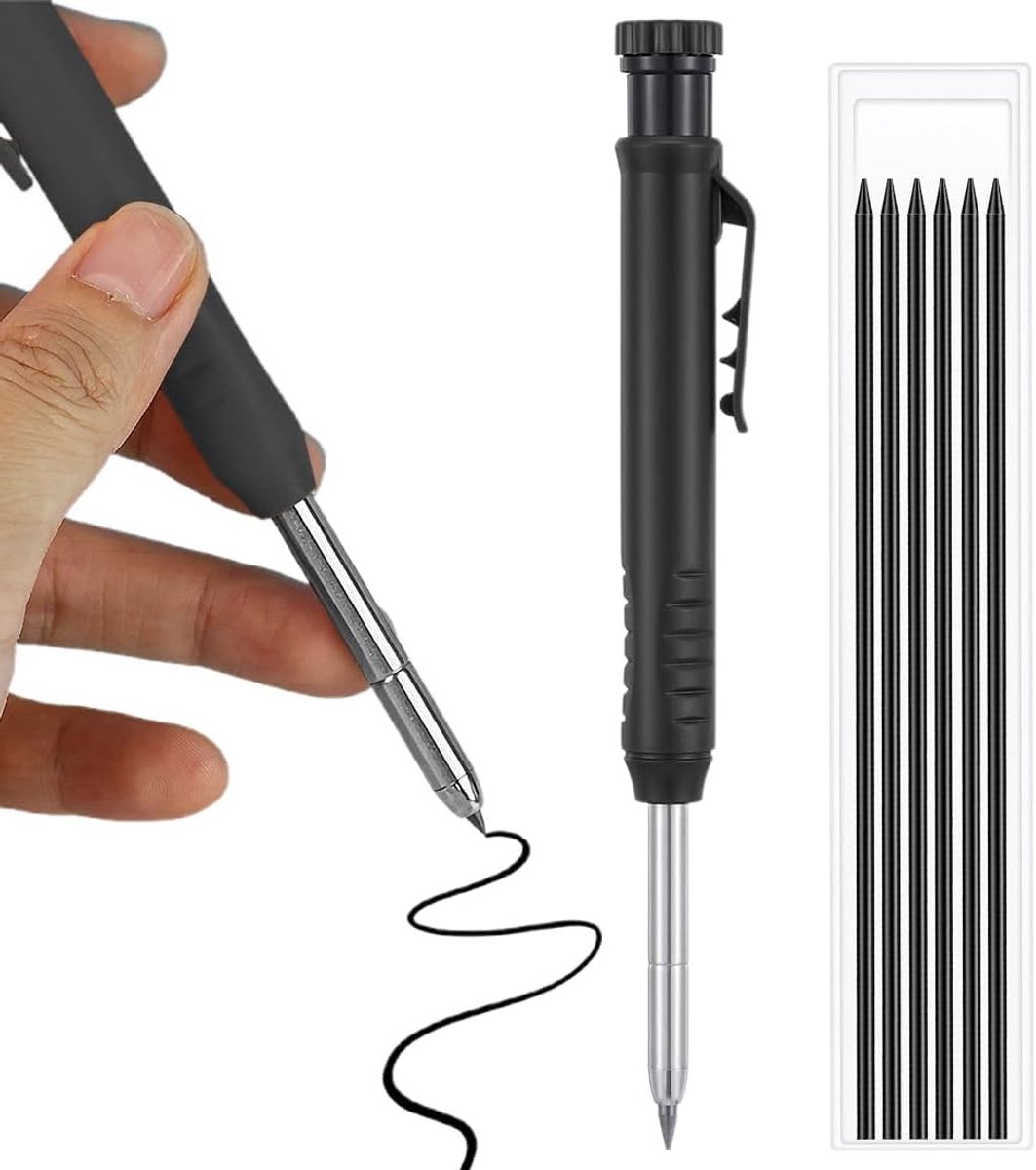 Zwarte mechanische potlood voor houtbewerking met 6 navullingen, ideaal voor architectuur en bouwprojecten, 2.8 mm dikte