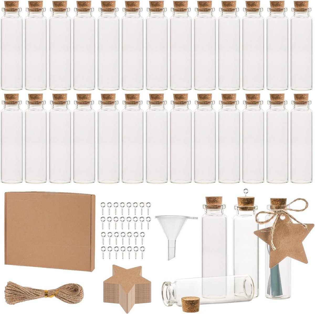 SnelShoppen - 30 Stuks Mini Glazen Flessen met Kurk 20ml - DIY Set met Metaal Schroeven, Kaarten, Touw en Trechter - Perfect voor Feest, Decoratie, Ca