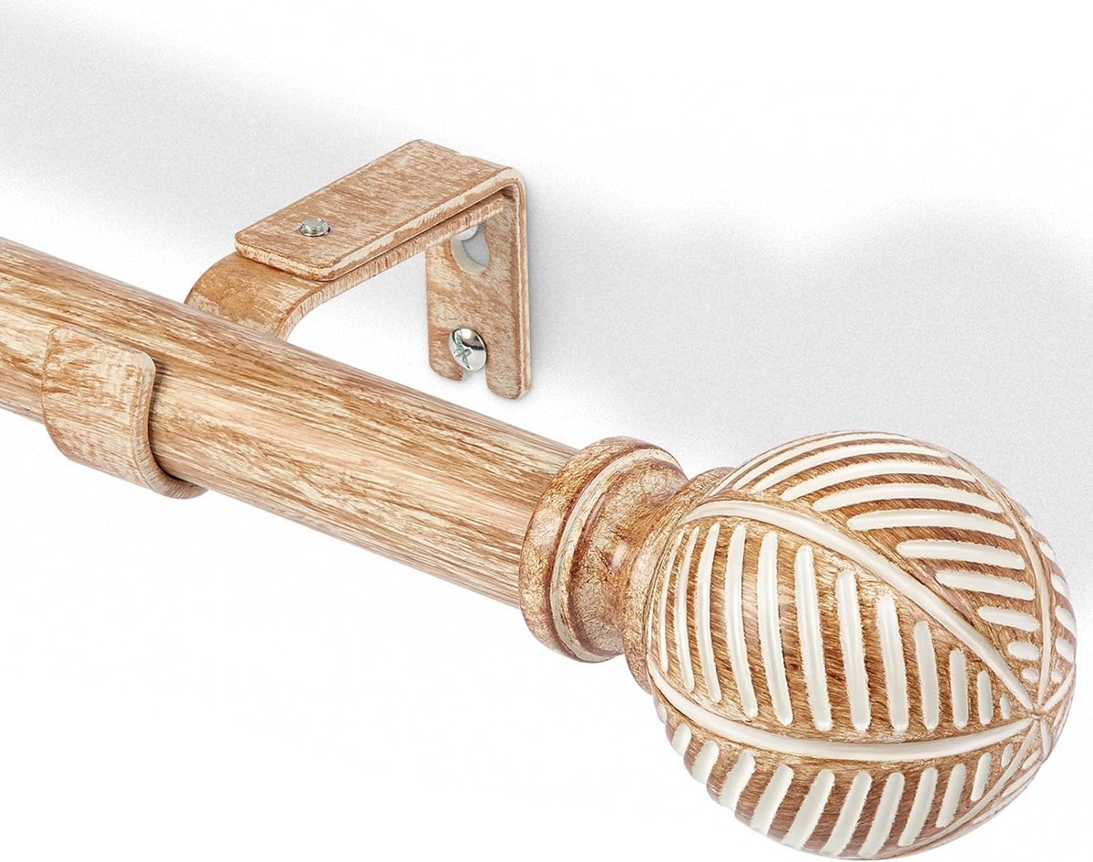 SnelShoppen - Uitschuifbare Gordijnroede 76-219 cm | Houtlook Metaal 25 mm | Wand- en Plafondmontage | Lichtbruin voor Woonkamer, Slaapkamer, Terras