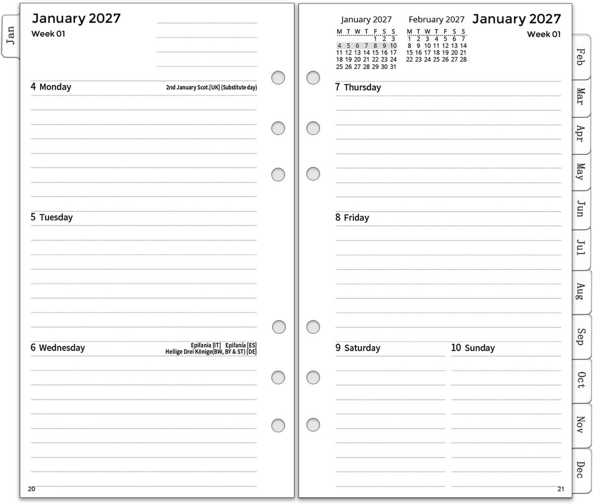 SnelShoppen - 2027 Dagboek Navulling Persoonlijke Maat 6 Gaten, Week op 2 Pagina's Planner, Wekelijkse & Maandelijkse Kalender Inserts, Notities en Ta