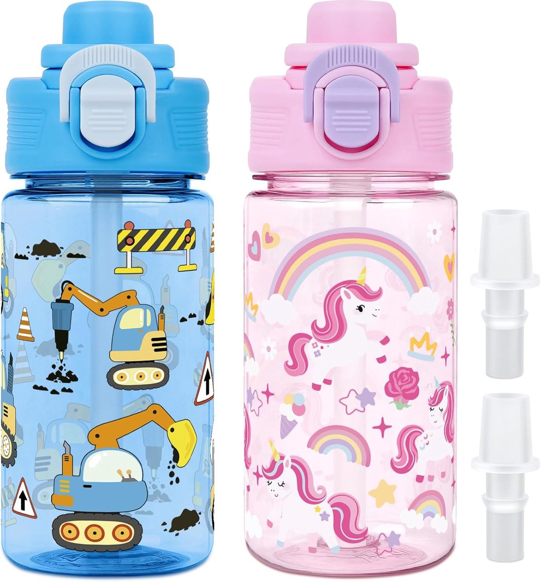 SnelShoppen - 2 Stuks 380ml Kinderen Waterfles met Rietje, Lekvrije Plastic Drinkfles met Handvat en Vervangbare Tuit, BPA Vrij, Jongens Meisjes, Gym,