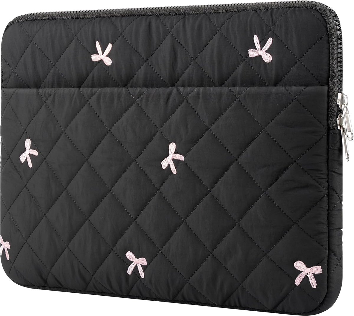 SnelShoppen - Laptophoes 13-14 Inch met Voorvak, Gewatteerde Laptop Sleeve met Geborduurde Strikjes, Zwart voor MacBook Pro/Air en Chromebook