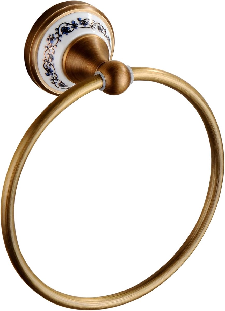 SnelShoppen - Towel Ring Antique Brass Hanger - Wandbevestigde Handdoekhouder - Duurzaam Messing met Porseleinen Design voor Badkamer en Keuken