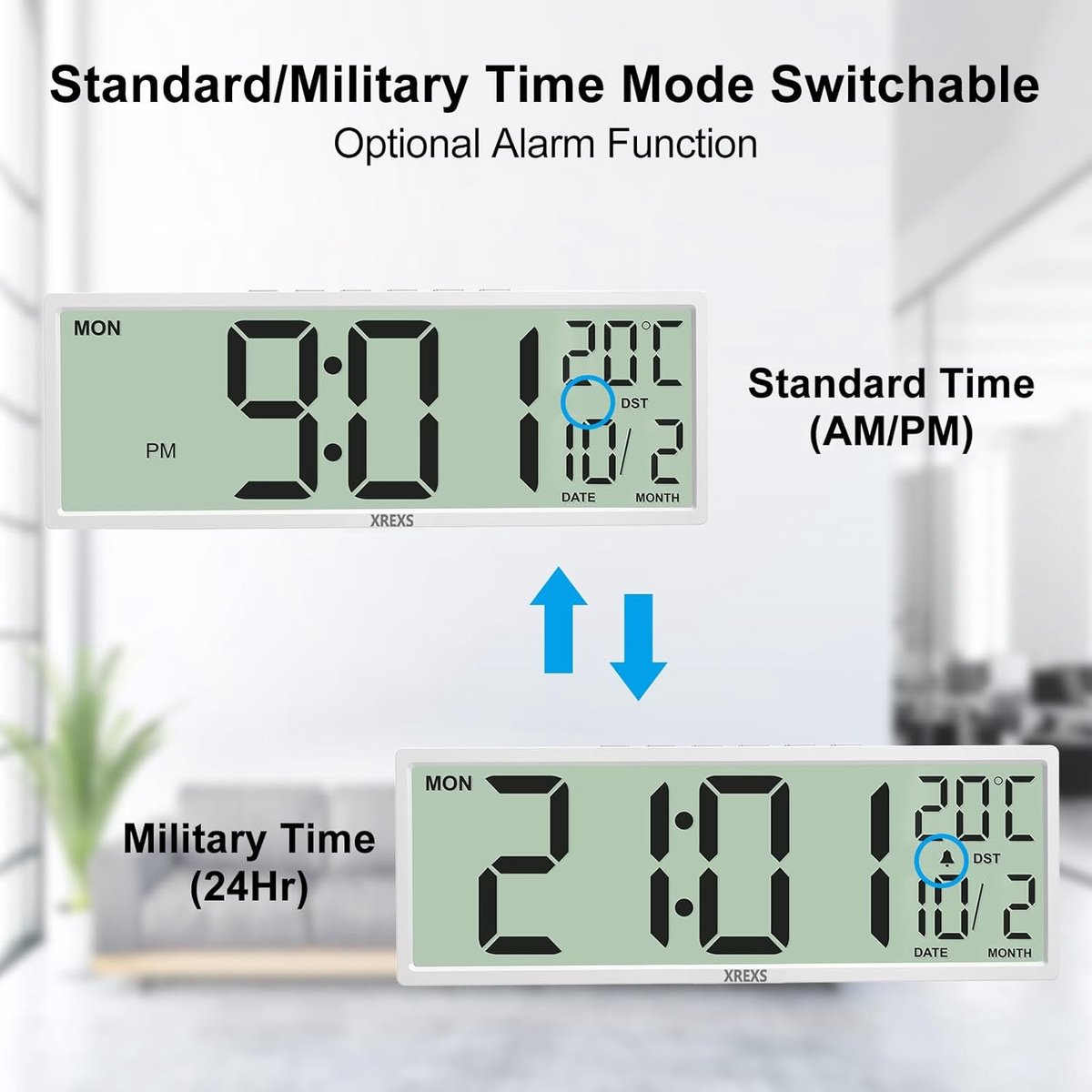 SnelShoppen - Digitale Wandklok 14.5 Inch - Tijd, Kalender & Temperatuurweergave, DST Functie, Batterij Aangedreven, Geschikt voor Slaapkamer, Woonkam