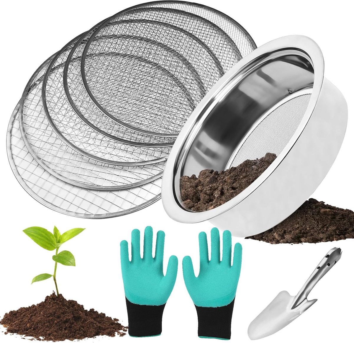 SnelShoppen - Tuinzeef Rond 25 cm - Roestvrij Staal 5-in-1 Tuinzeef met Verwisselbare Zeven Ø 1,3,6,9,12 mm - Perfect voor Compost, Aarde, Zaden en Za