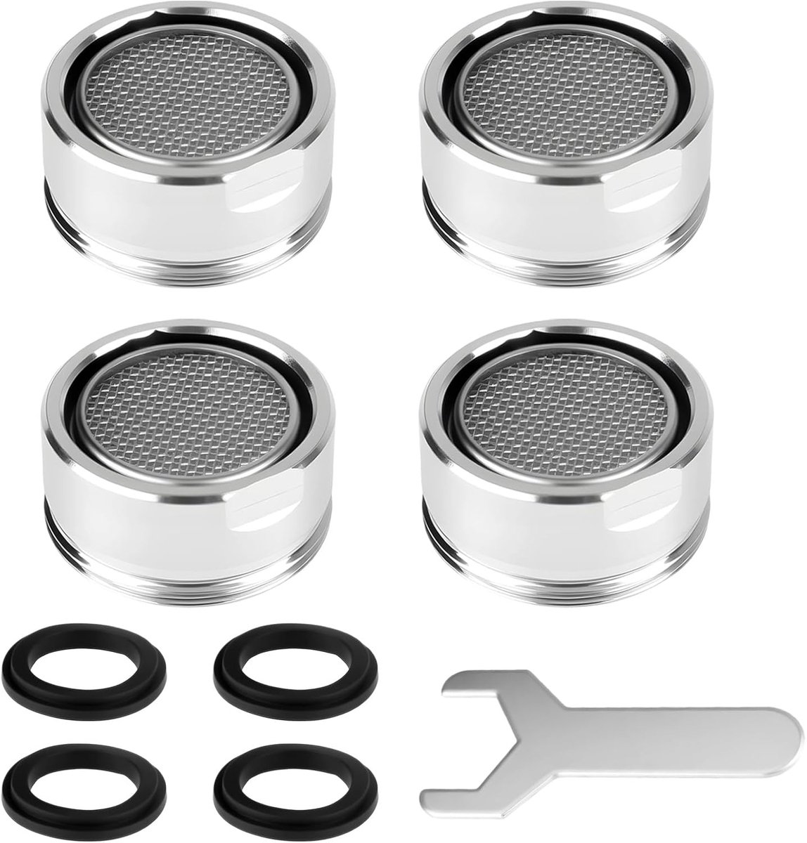 SnelShoppen - Foam Faucet M22 - 4 Stuks RVS Aerator Keukenkraan voor Badkamer en Keuken, Inclusief 4 Zwart Seals en 1 Chroomkraan Sleutel