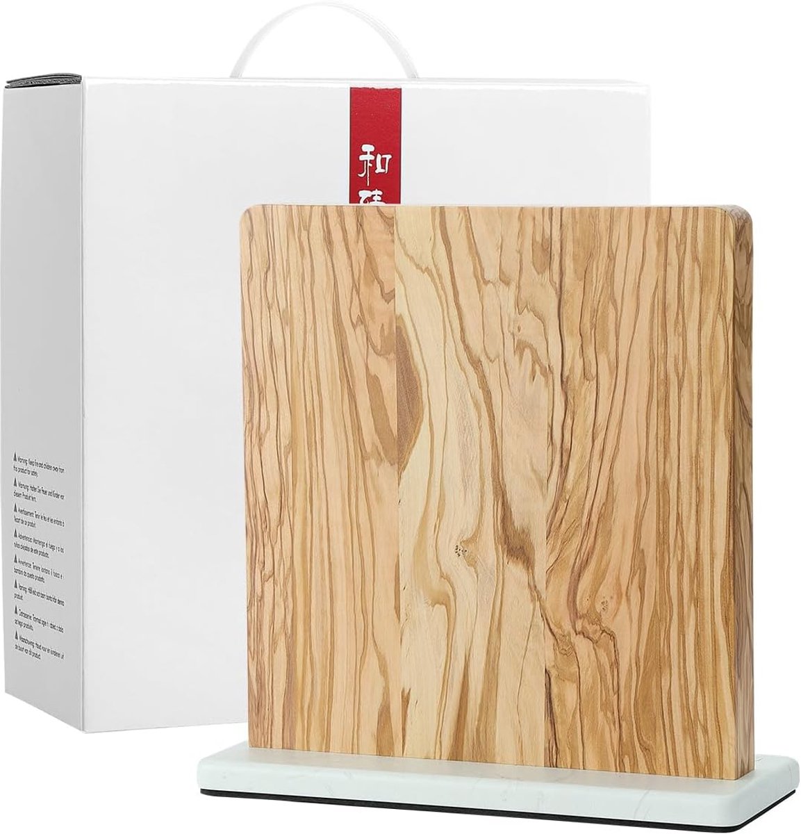 SnelShoppen - Double Sided Magnetic Knife Block - Olive Wood Keuken Accessoire - Hygiënische Mes Houder met Antislip Marmeren Voet - Perfect voor Kook