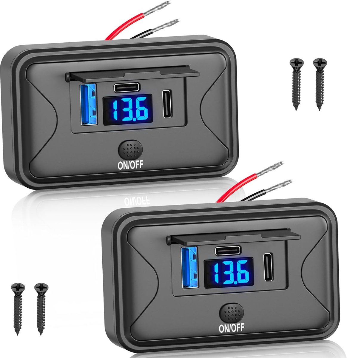 SnelShoppen - 2-Pack 90W 12 Volt USB Power Socket - Waterdichte 3-Poorts Snelle Auto Lader met Voltmeter (2x USB-C 36W + QC3.0 18W) voor Auto, Camper,