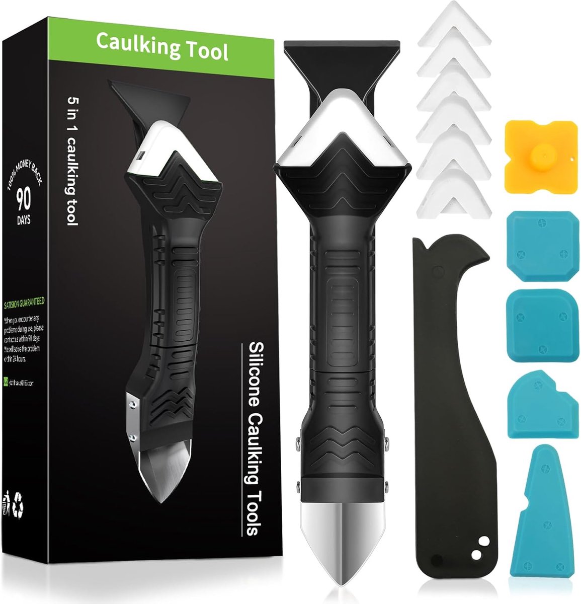 SnelShoppen - Silicone Remover Tool Set 5 in 1 - RVS Voegenmes met 6 Interchangeable Silicone Pads en Sealing Nozzle voor Keuken, Badkamer, Vloer, Sin