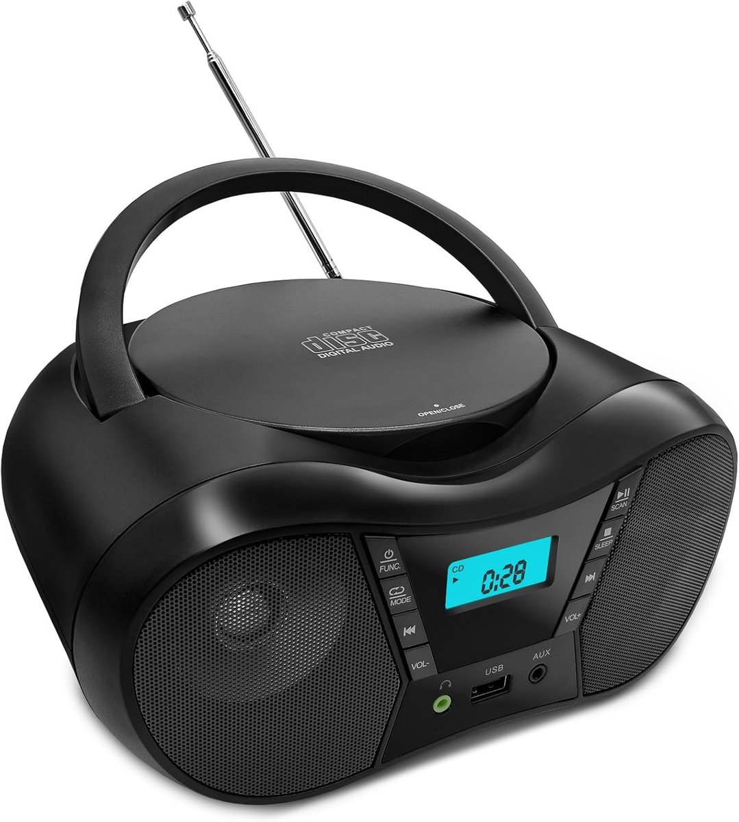 SnelShoppen - Draagbare CD-speler Boombox met FM-radio, Bluetooth-luidspreker, AC/Batterijen, Ondersteunt CD/CD-R/RW/USB/AUX, Hoofdtelefoonaansluiting