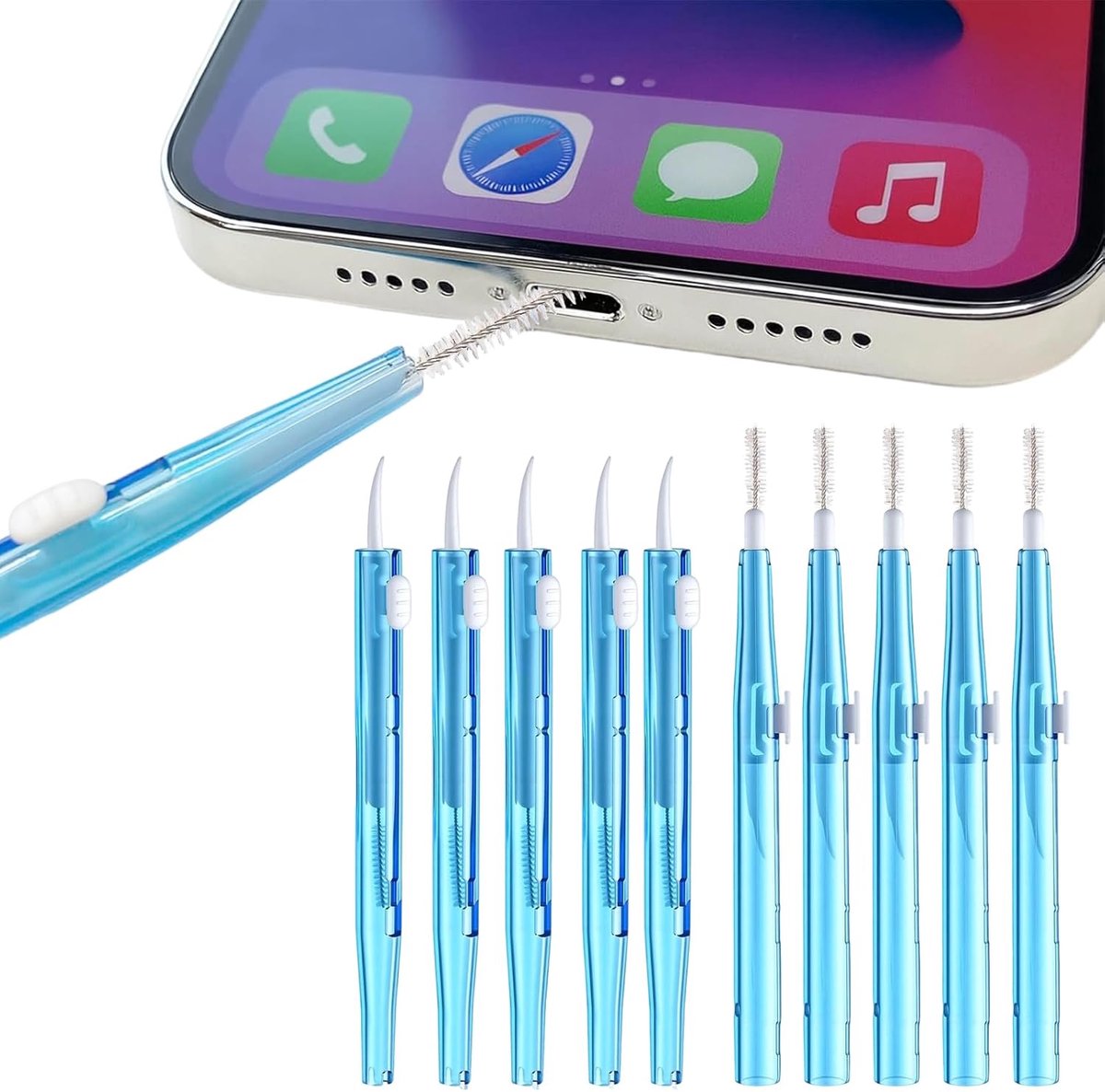 SnelShoppen - 10-delige reinigingsset voor mobiele telefoons, oplaadaansluiting, mini-gatborstel, nylon borstelharen, blauw, lichtgewicht en compact