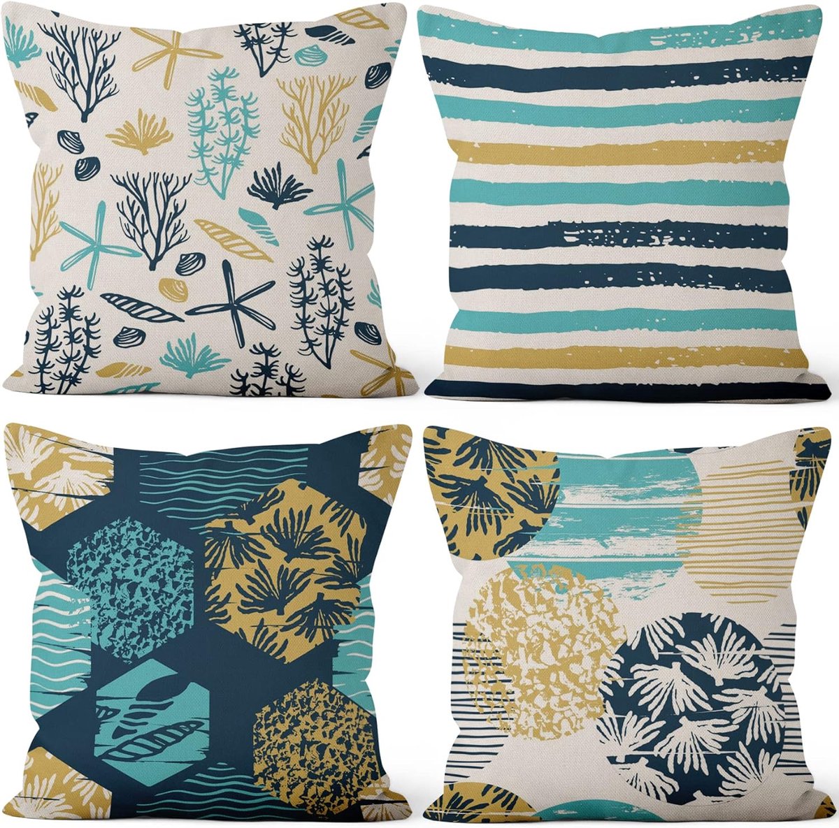 SnelShoppen - Decoratieve Kussenhoezen 41x41 cm Sandy Beach Geometrisch Patroon Set van 4 - Linnen Polyester Kussenhoezen voor Woonkamer, Tuin, Patio,
