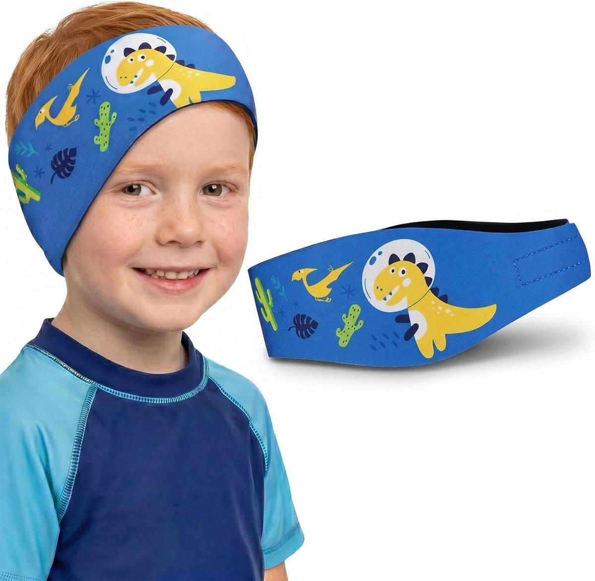 Verstelbare neopreen zwemband voor kinderen met oorbescherming, ideaal voor zwembad en strand, dinosaurus-design, blauw, 58 cm, waterdicht en comfortabel