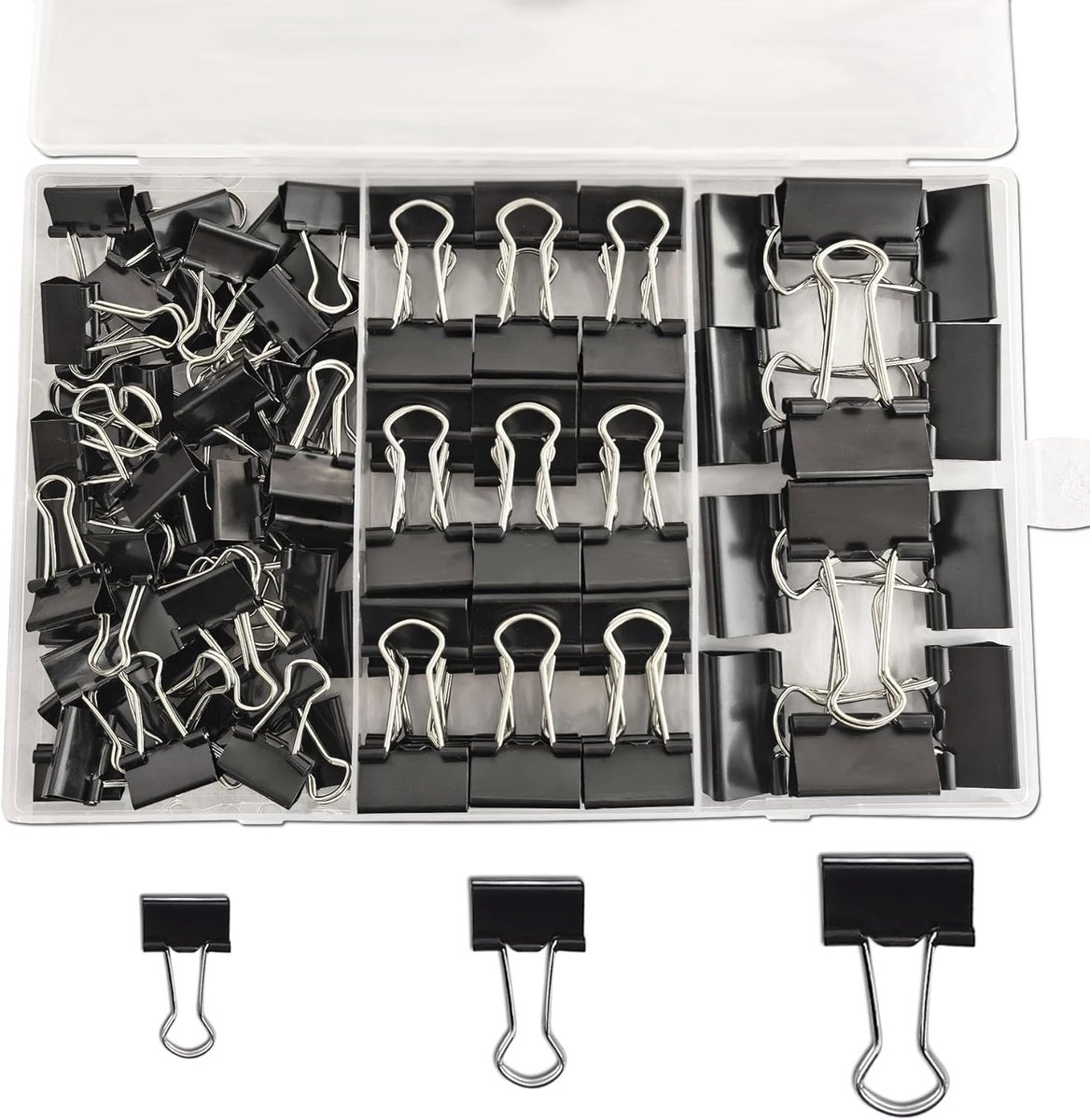 SnelShoppen - 100 stuks Foldback nietjes 15 mm, 19 mm, 25 mm zwart, paperclips met opbergdoos, ideaal voor kantoor, school en thuis