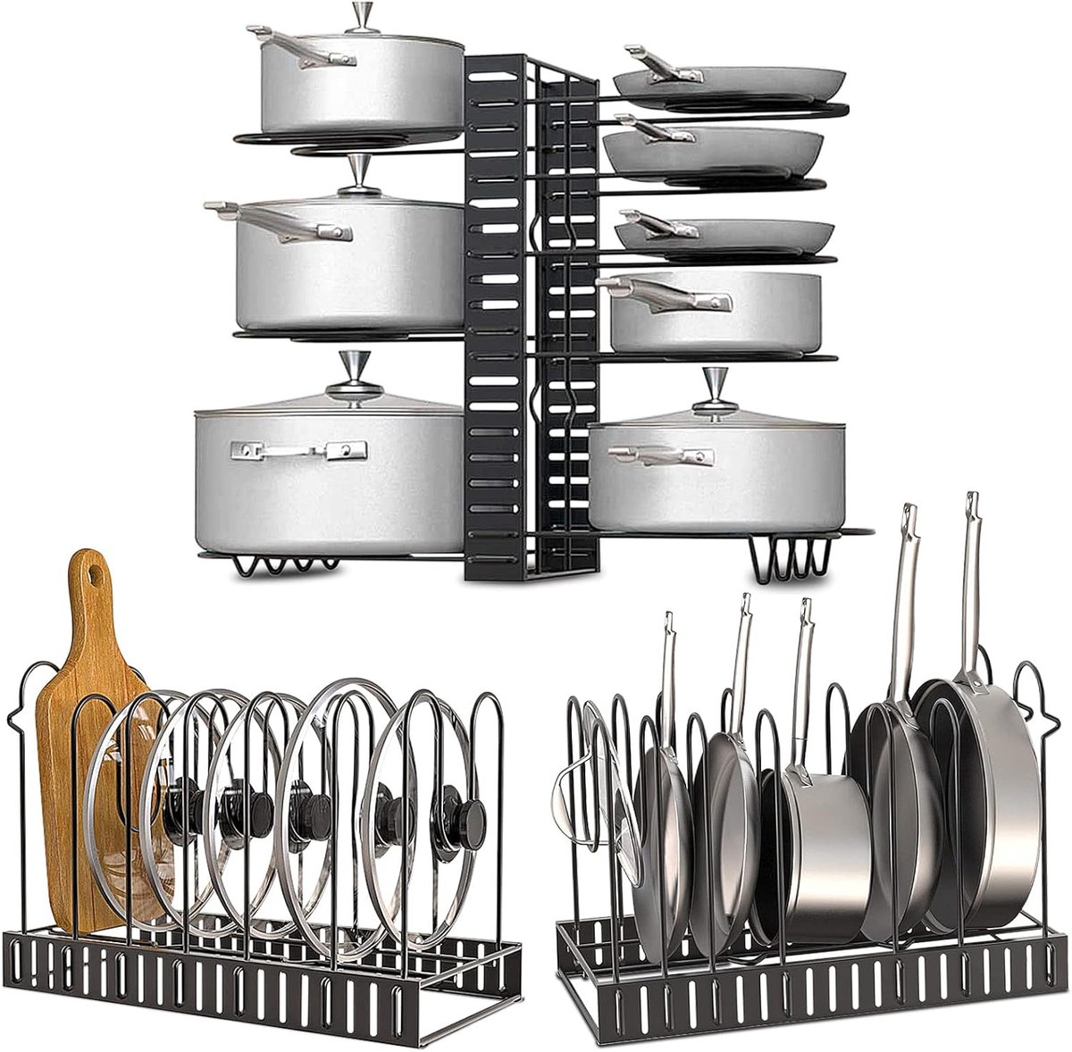 SnelShoppen - Dubbelzijdige Pannendekselhouder, 8 Verstelbare Scheiders, Ideale Keuken Organizer, Zwart, Voor Pannen, Deksel en Borden