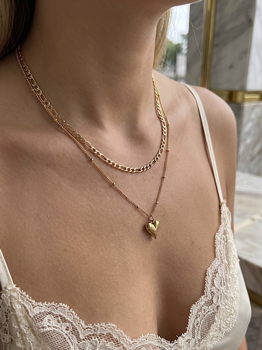Anelplus Dubbele Gouden Ketting met Hart Hanger – Elegante Dames Halsketting – Dubbel Laags Sieraad
