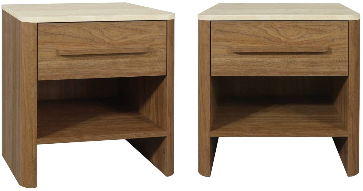 sweeek Set van 2 nachtkastjes houtdecor en travertin-effect met 1 lade en vak - aretha Walnoot