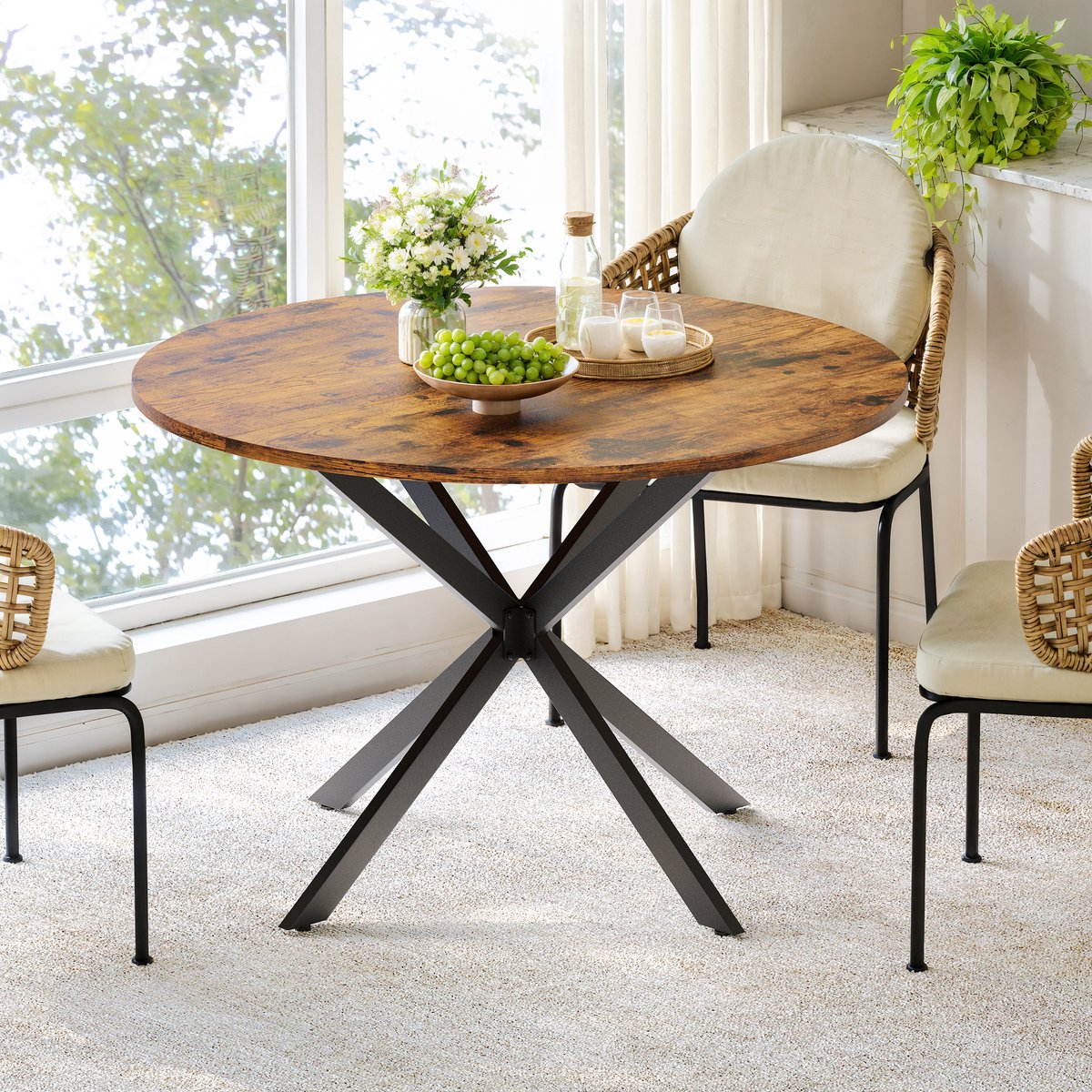 MODENUIT Eettafel - Ronde Industriële Tafel Met X-Poot - Keuken En Woonkamer - Hout - Ø120 Cm - Bruin Zwart