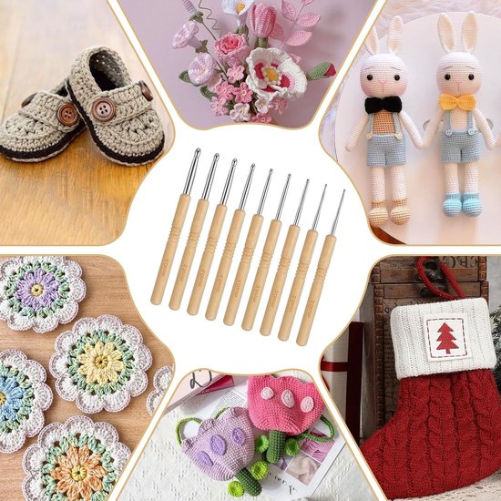 9-delige Haaknaalden Set met Houten Handvatten - Ergonomische Breinaalden voor Beginners (2.0/2.5/3.0/3.5/4.0/4.5/5.0/5.5/6mm) - Ideaal voor Haken en Breien — afbeelding 3