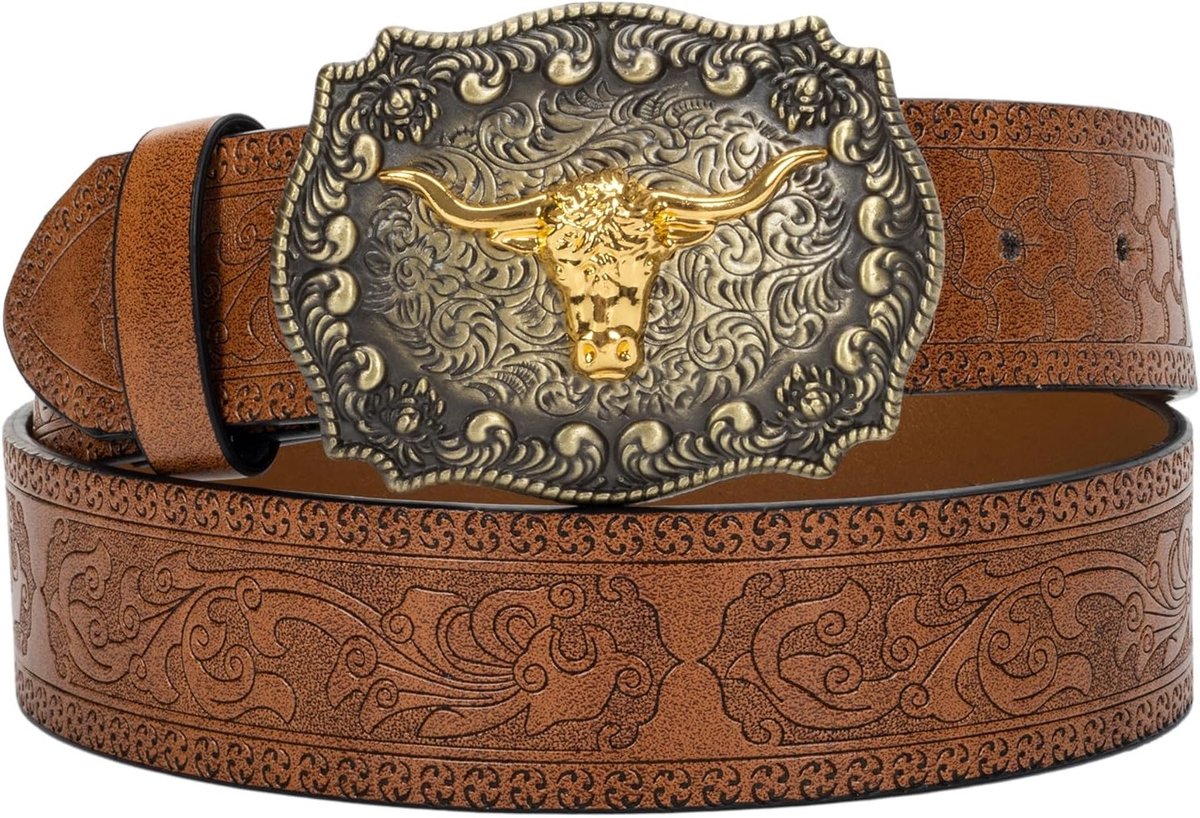 Eohak Western-leren riem met cowboy-gesp voor heren en dames, jeans, gegraveerde bloemetjes, longhorn Bull Texas gesp (84-104 cm taille)