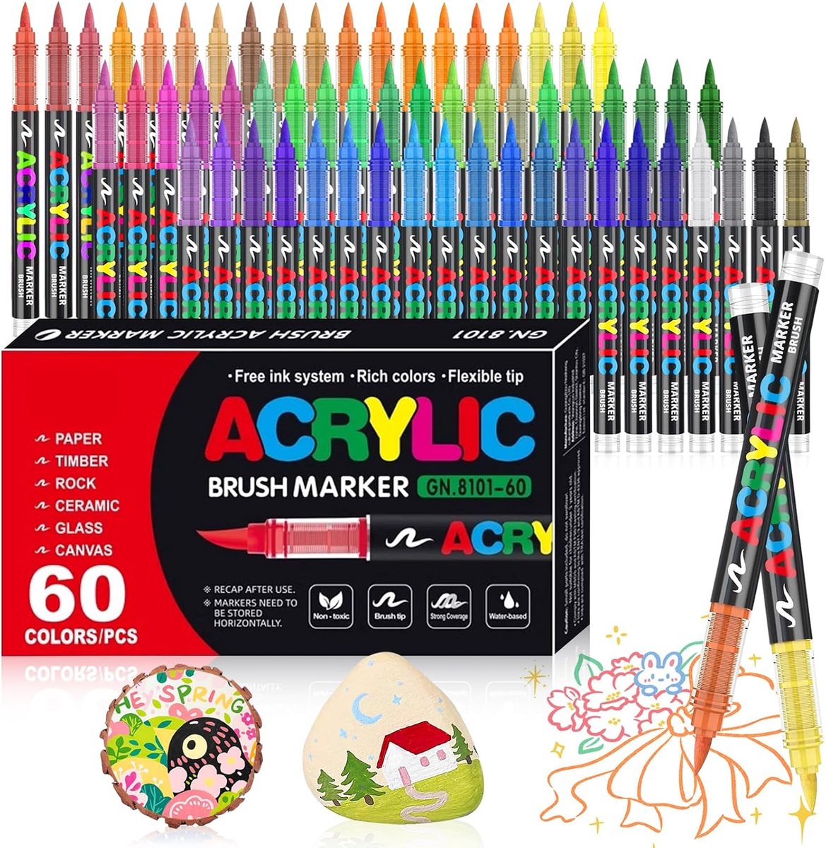 SnelShoppen - 60 Kleuren Acryl Brush Markers Set - Verf Pennen voor Steen, Hout, Glas, Keramiek, Stof - Watergedragen Acrylverf met 1-5MM Flexibele Bo