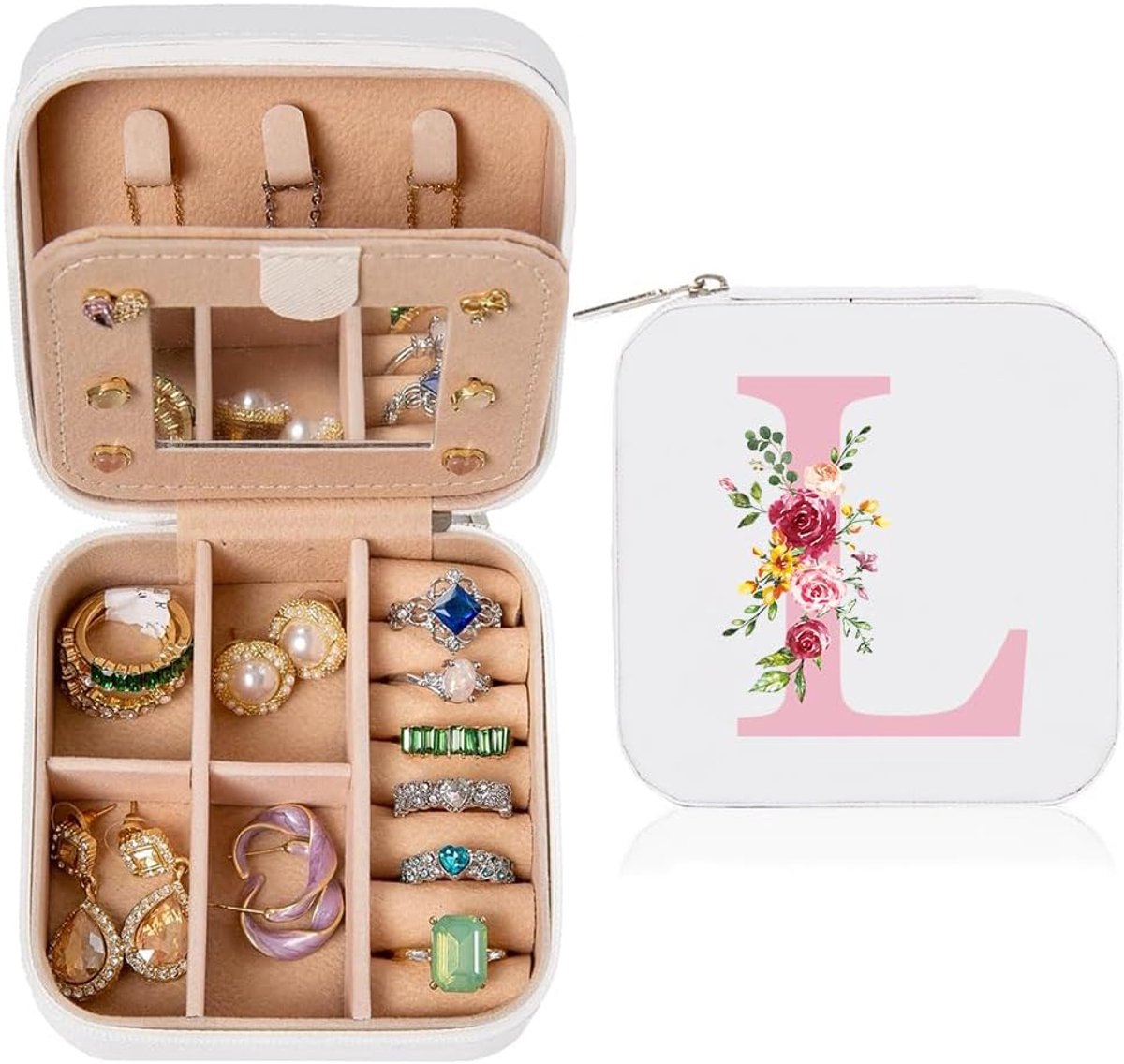 SnelShoppen - Kleine Reisjuwelenbox voor Vrouwen en Meisjes met Spiegel en Inital L - Mini Juwelenopbergdoos voor Ringen, Oorbellen en Kettingen - Per