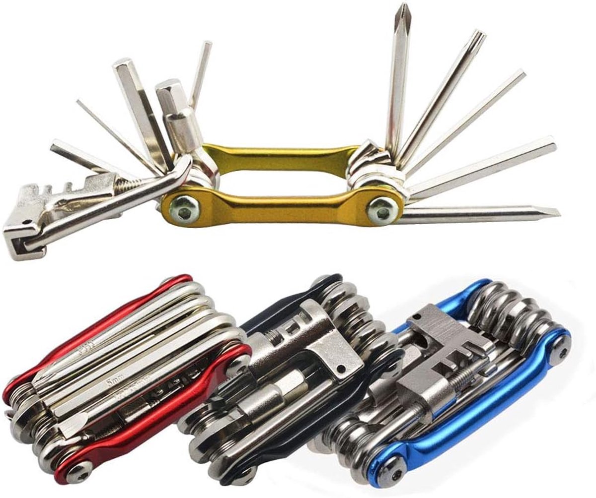 SnelShoppen - 11-in-1 Fiets Repareerset, RVS Mini Compact Multitool, Vouwbare Gereedschapset voor Fiets Onderhoud, Goud