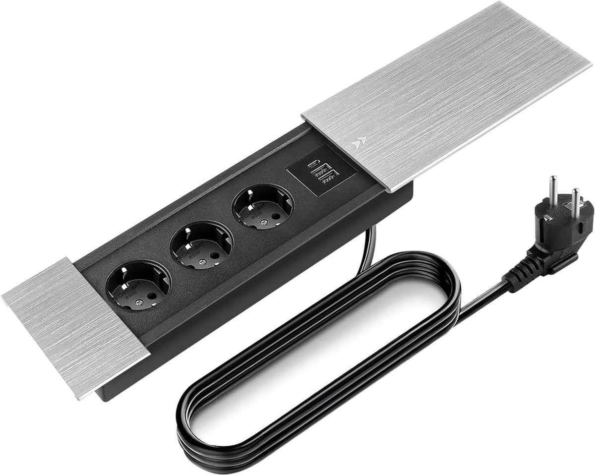 SnelShoppen - Tabletop Contactdoos, Ingebouwde Socket, Uittrekbare 3-Way Sockets, Flush Plug Strip voor Bureau, Vergaderruimte, Keuken, Zithoek, Zilve