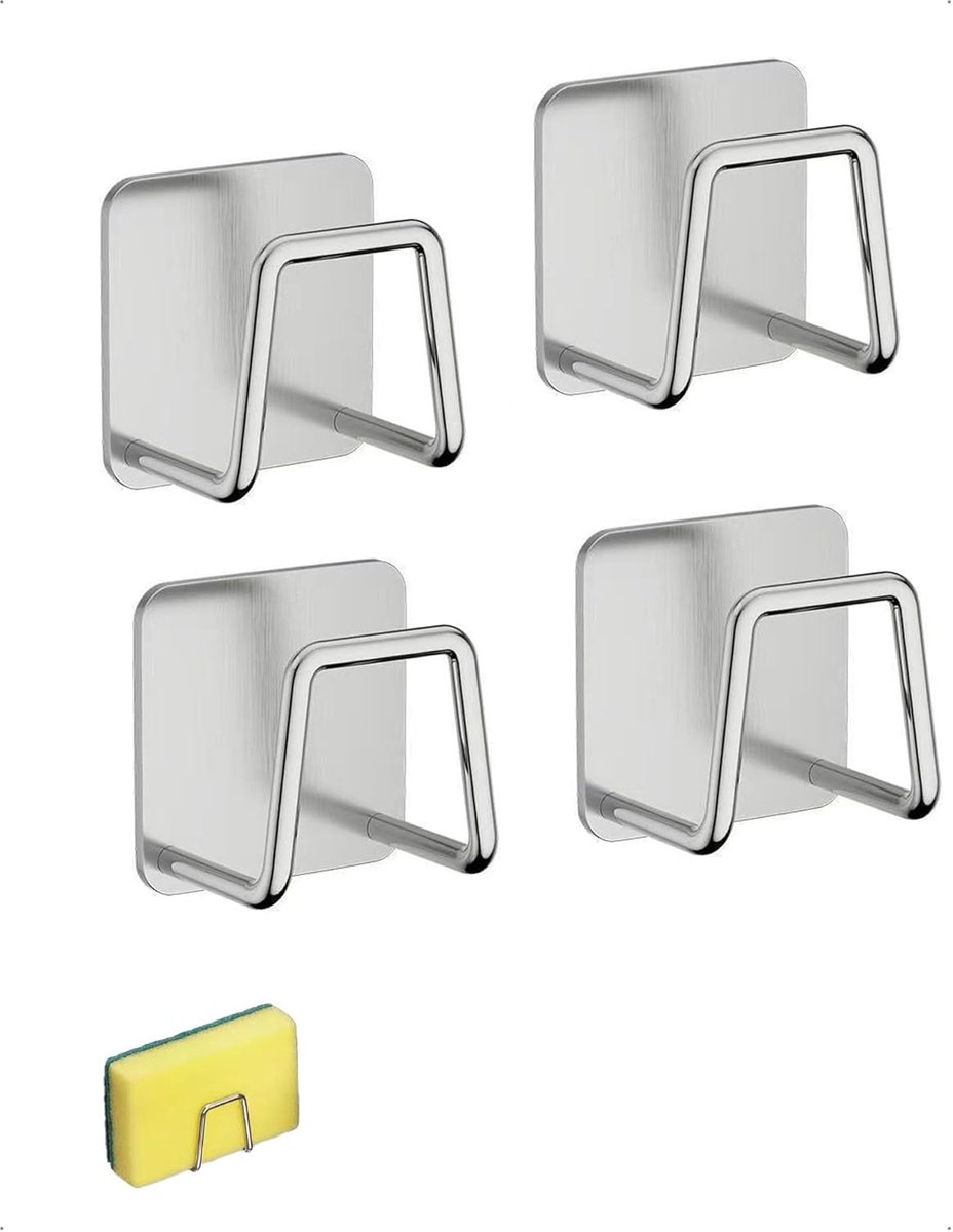 SnelShoppen - 4 Stuks Vaatwas Spons Houder - 304 RVS Keuken Organizer - Zelfklevende Sponshouder - Waterdicht en Verwijderbaar - Zilver - Perfect voor
