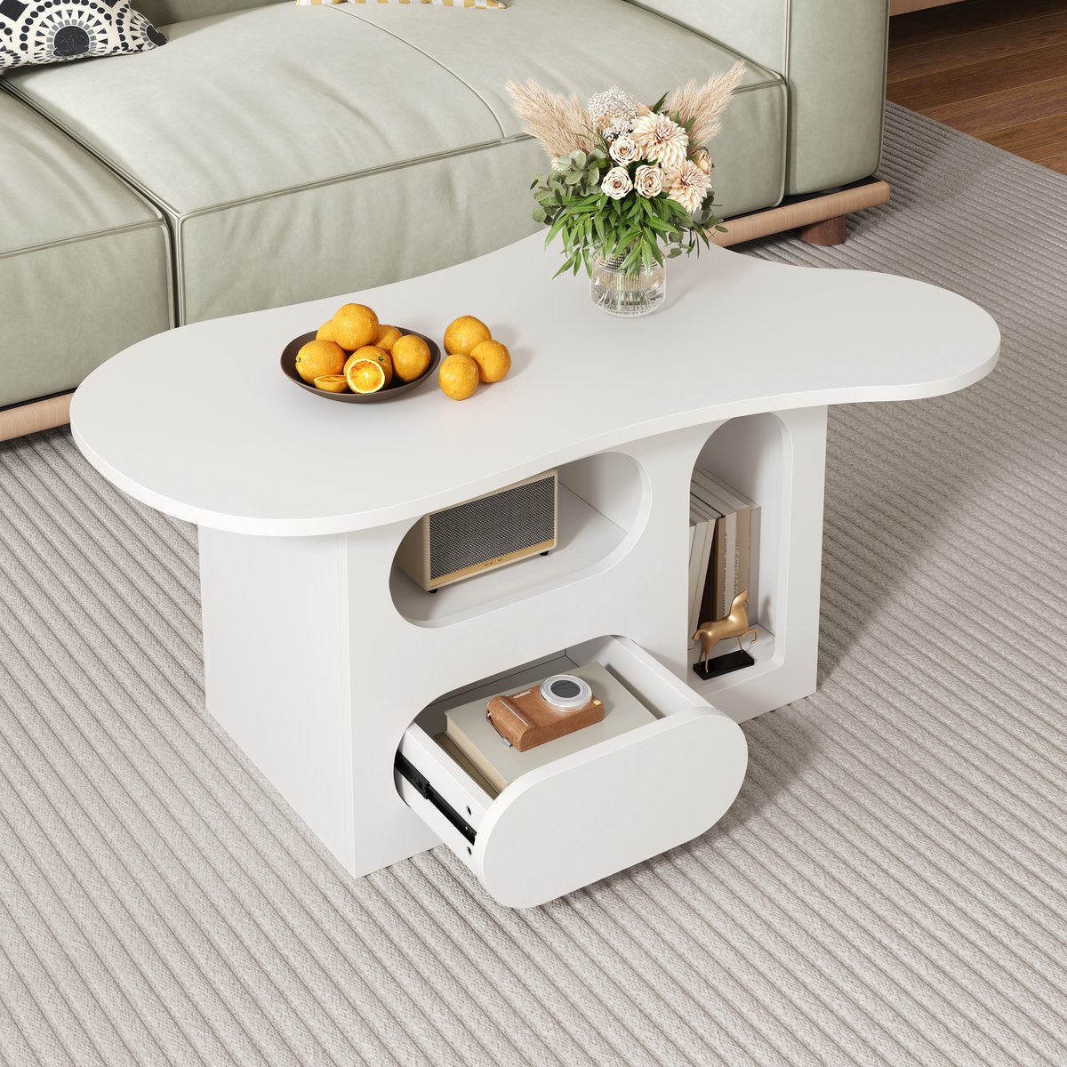 COVREO Salontafel 97 x 45 x 43,5 cm – wit spaanplaat, met lade en open opbergvakken