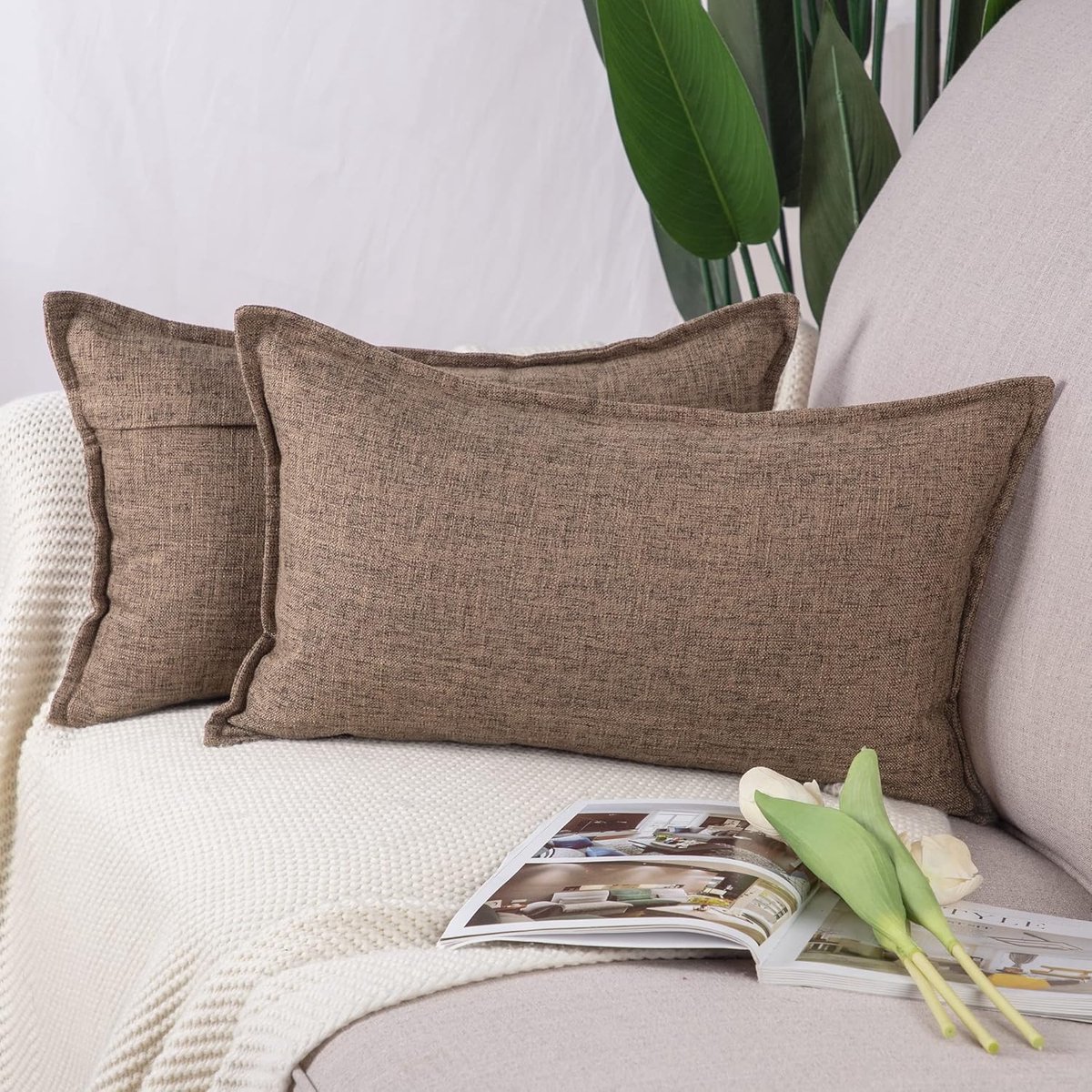 SnelShoppen - Set van 2 Imitatie Linnen Kussenslopen 30x50cm Donkerbruin - Zachte Decoratieve Kussenhoezen voor Sofa en Slaapkamer