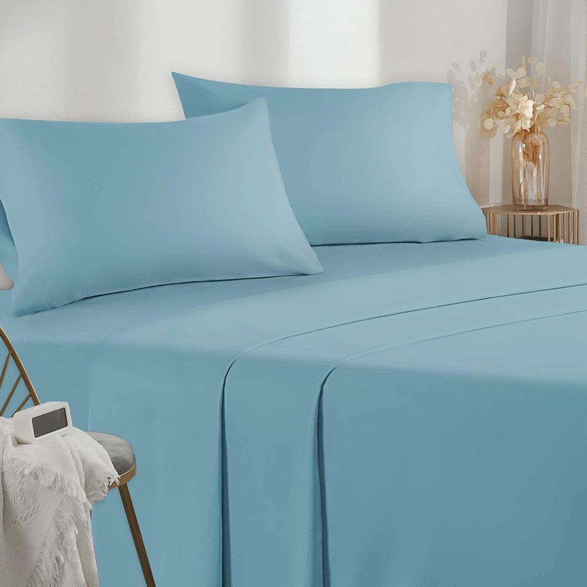 SnelShoppen - Microfibre Bed Sheet Set 90 x 190-200 cm, 3-Piece Single Bed Set met Fitted Sheet en Kussensloop in Celeste, Perfecte Pasvorm voor Hoogt