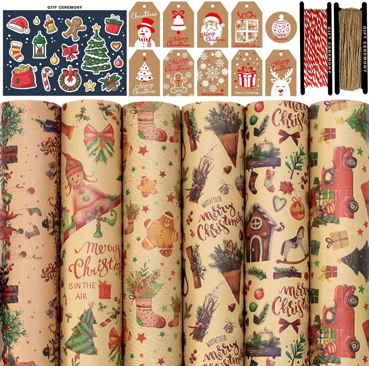 Thijox - FullJoyHut Set Inpakpapier Kerst - 6 Vellen Gerecycled Kraftpapier 70x50cm, 10 Cadeaulabels, 12 Stickers en 2 Rollen Jute Touw voor Feestdage