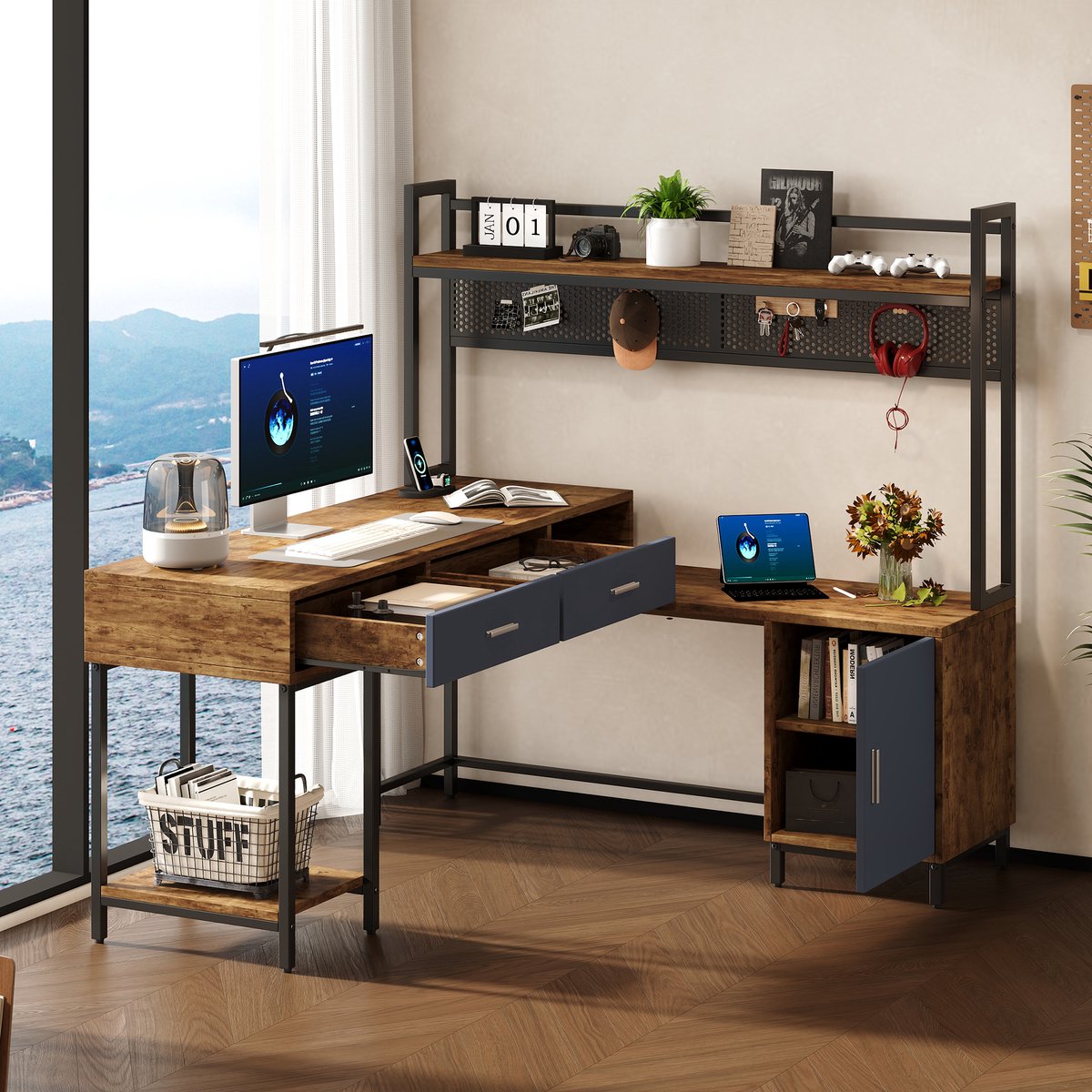 DESMIU Hoekbureau - L-vormig Bureau Met Laden En Kast - Industriele Werkplek Voor Kantoor En Studie - MDF En Metaal - 140x140x135 Cm - Zwart Naturel